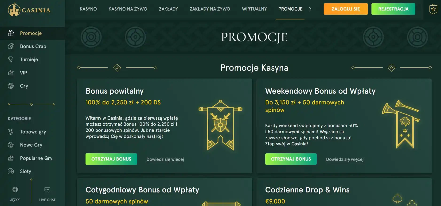 Strona z promocjami Casinia
