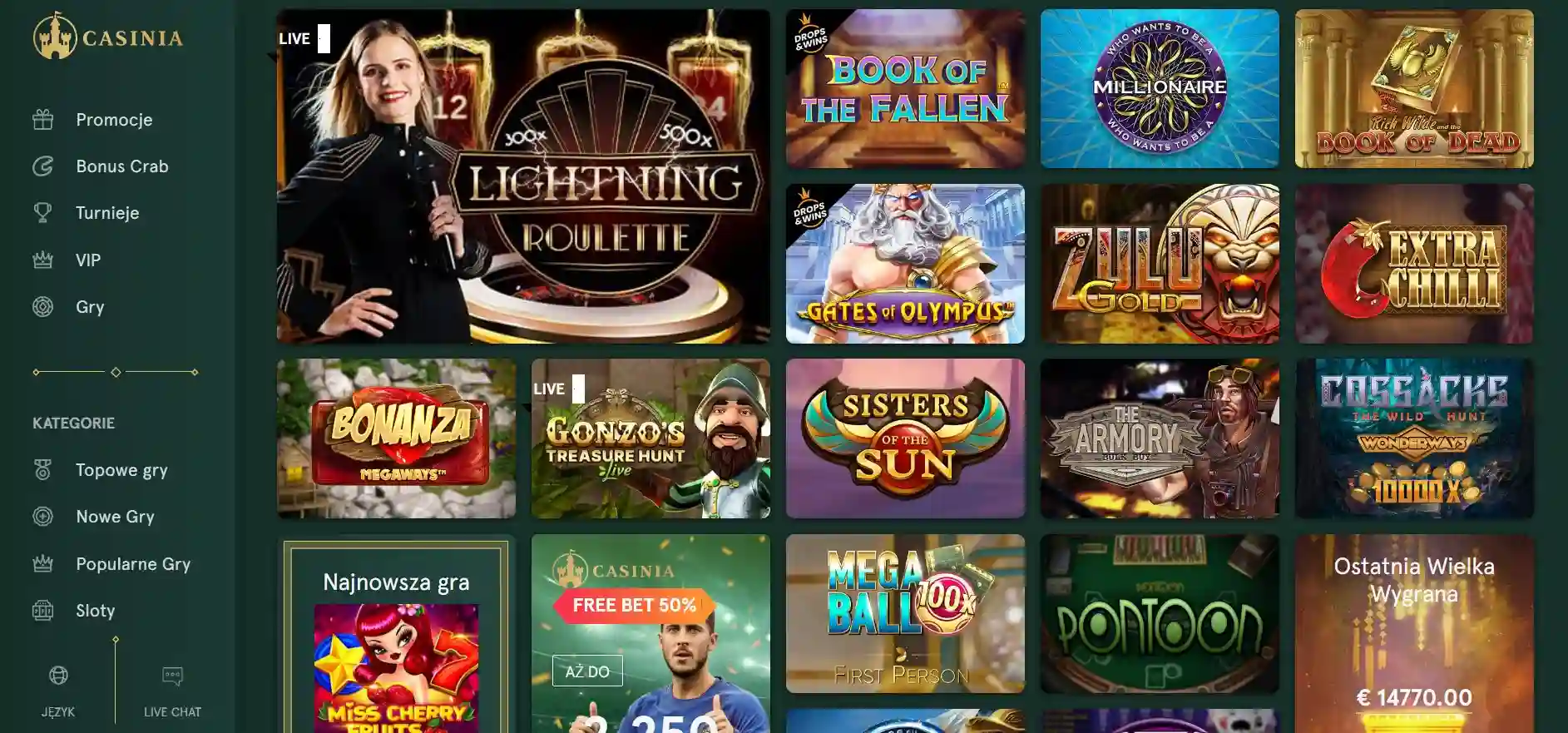 Strona z popularnymi grami Casinia