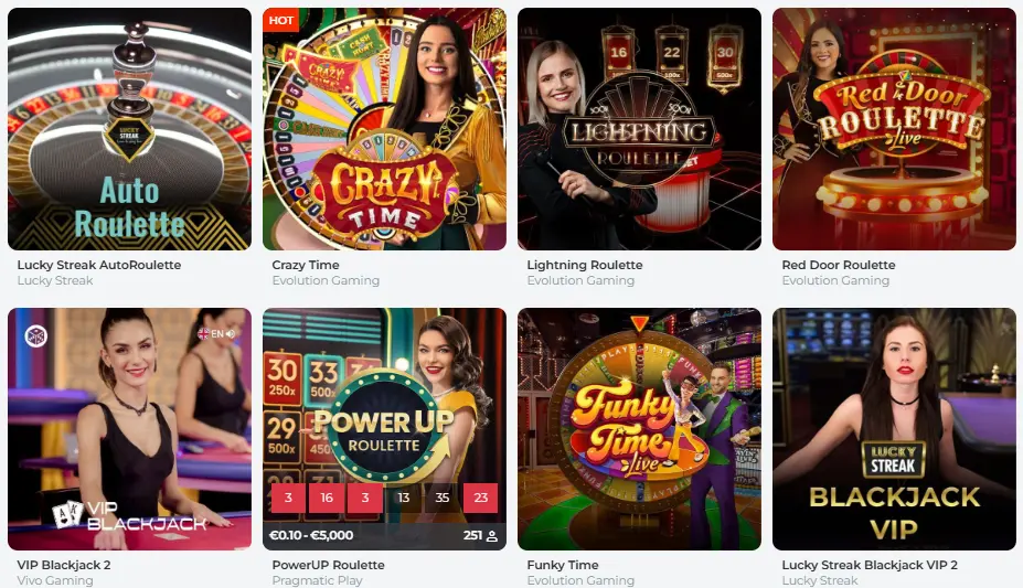 Na stronie znajdują się setki stołów różnych dostawców gier, jak BetSoft, 1x2 gaming i Pragmatic Play. RealSpin gry na żywo